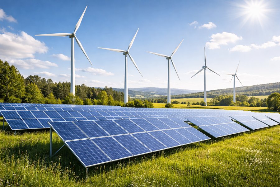Vindkraftverk och solpaneler i ett grönt landskap som producerar förnybar, grön energi under klarblå himmel.